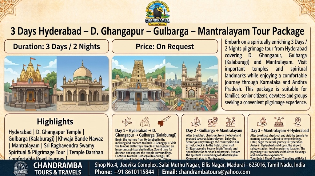 3 Days Hyderabad – D. Ghangapur – Gulbarga – Mantralayam Tour Package