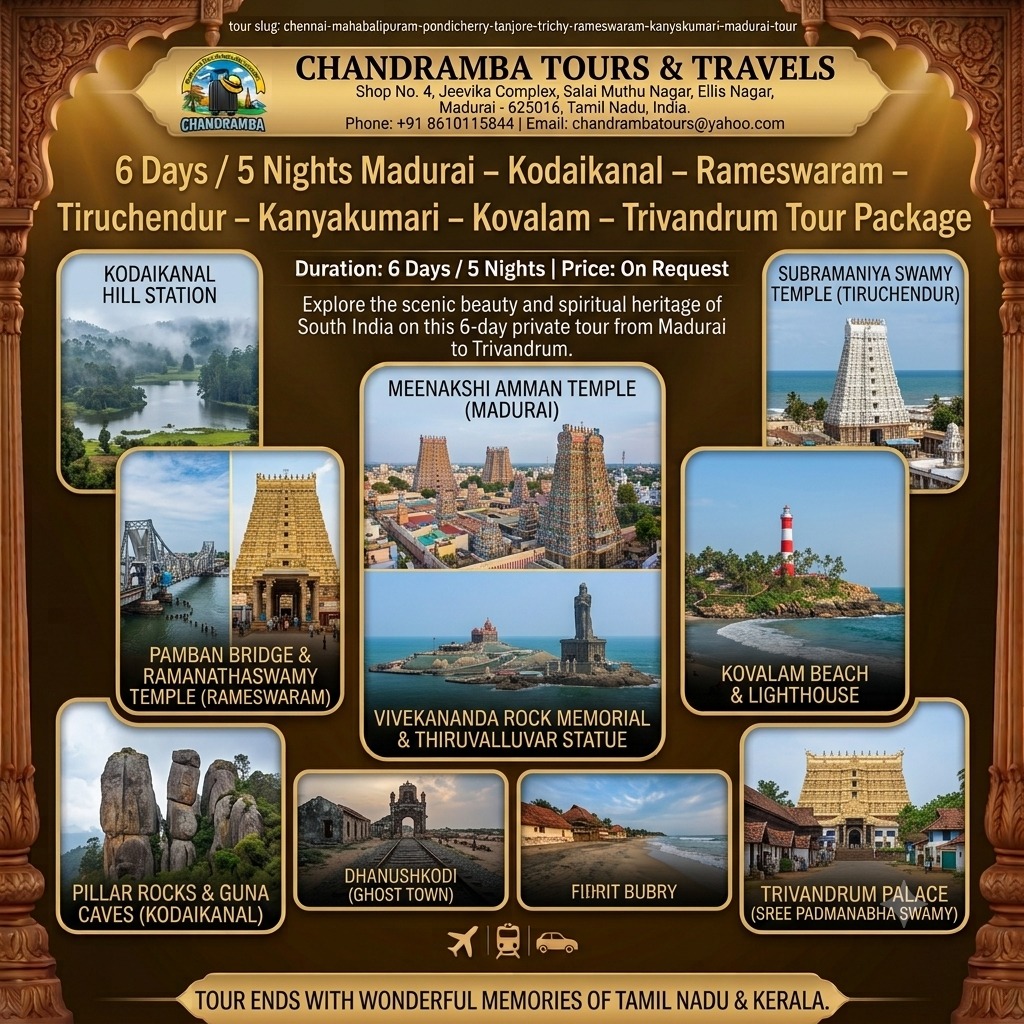 6 Days / 5 Nights Madurai – Kodaikanal – Rameswaram – Tiruchendur – Kanyakumari – Kovalam – Trivandrum Tour Package
