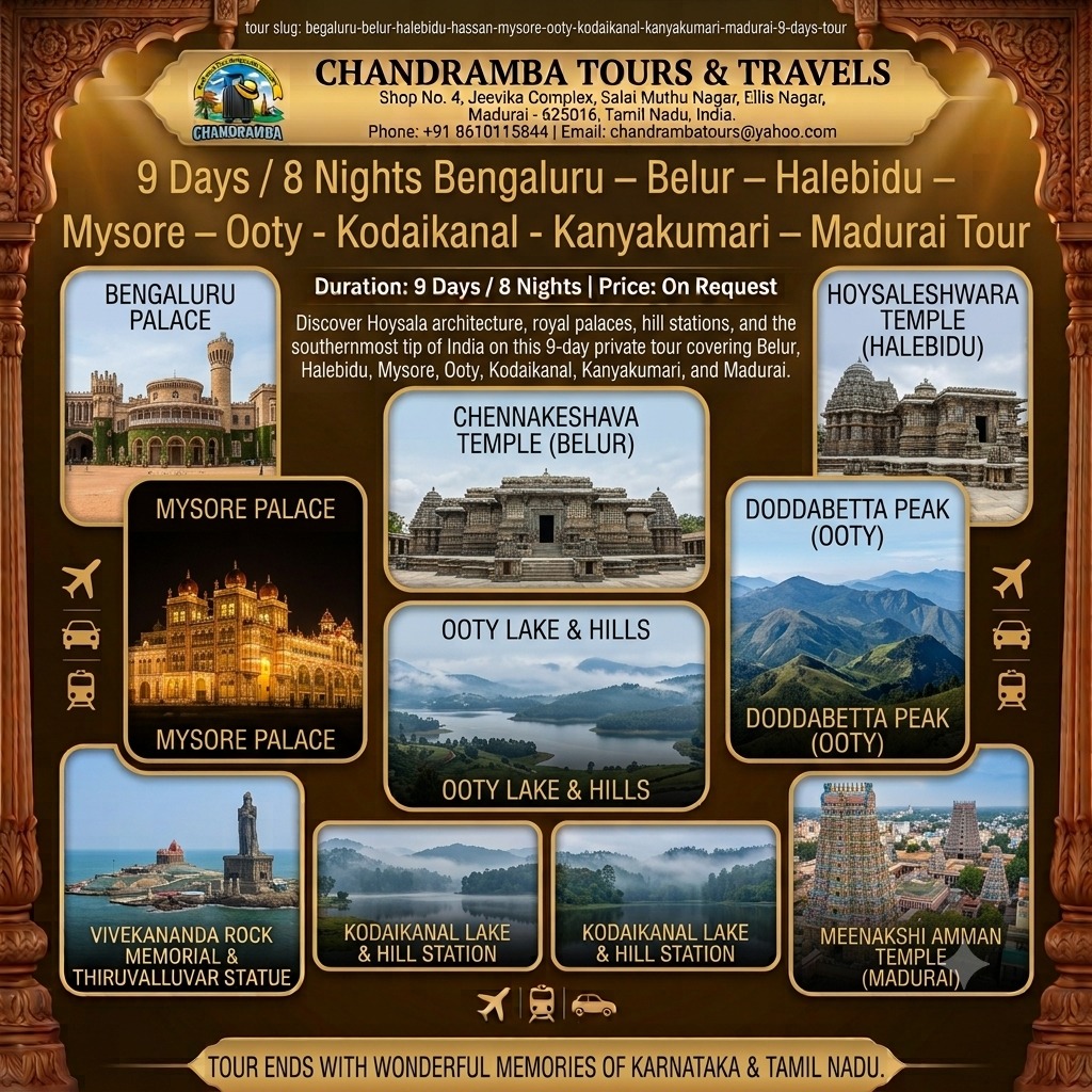  9 Days / 8 Nights Bengaluru – Belur – Halebidu – Mysore – Ooty – Kodaikanal – Kanyakumari – Madurai Tour