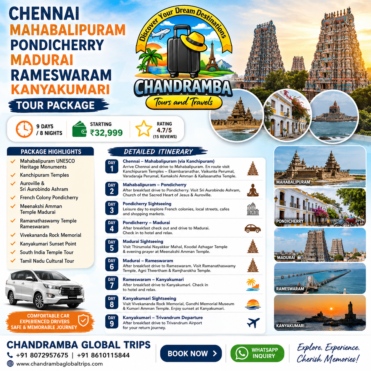 Chennai – Mahabalipuram – Pondicherry – Madurai – Rameswaram – Kanyakumari Tour Package