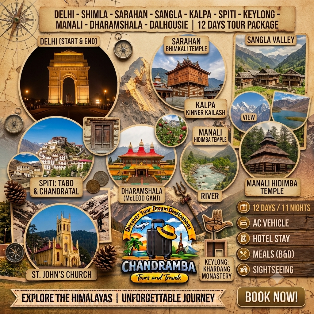 12 Days Delhi – Shimla – Spiti – Manali – Dharamshala – Dalhousie Tour Package