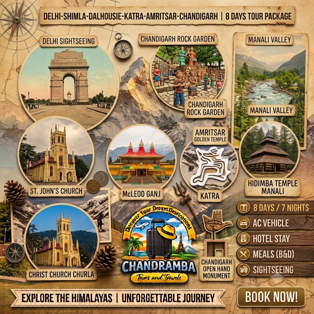8 Days Delhi – Shimla – Dalhousie – Katra – Amritsar – Chandigarh Tour Package