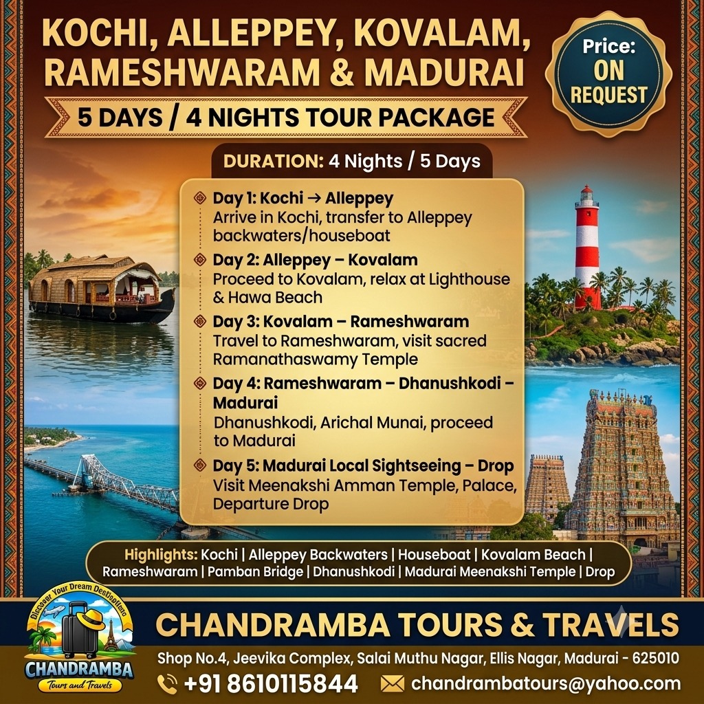 Kochi, Alleppey, Kovalam, Rameshwaram & Madurai 5 Days Tour Package